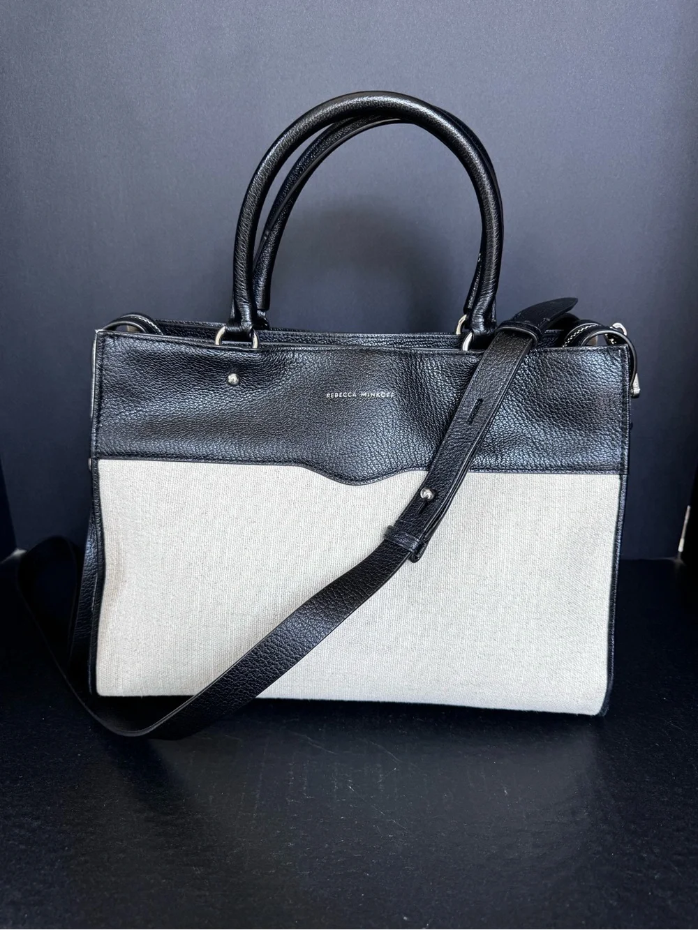 Rebecca Minkoff Black and Cream Fabric Structured Tote Bag